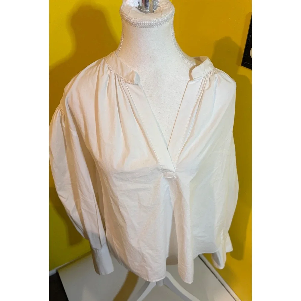 Banana Republic White Cotton Poplin Blouse Small V-Neck Puff Sleeve Peasant Top